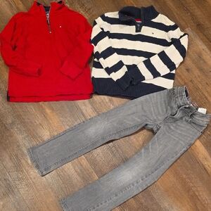 Tommy Hilfiger Red Quarter-Zip and Navy & Cream Striped Sweater with Gray Jeans